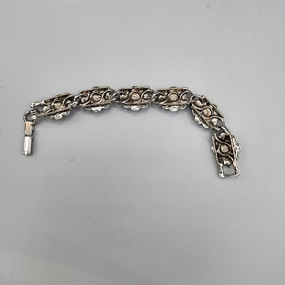 Vintage Silver Tone Floral Link Bracelet Clear Bead Chunky Jewel Art To Wear - Picture 8 of 10